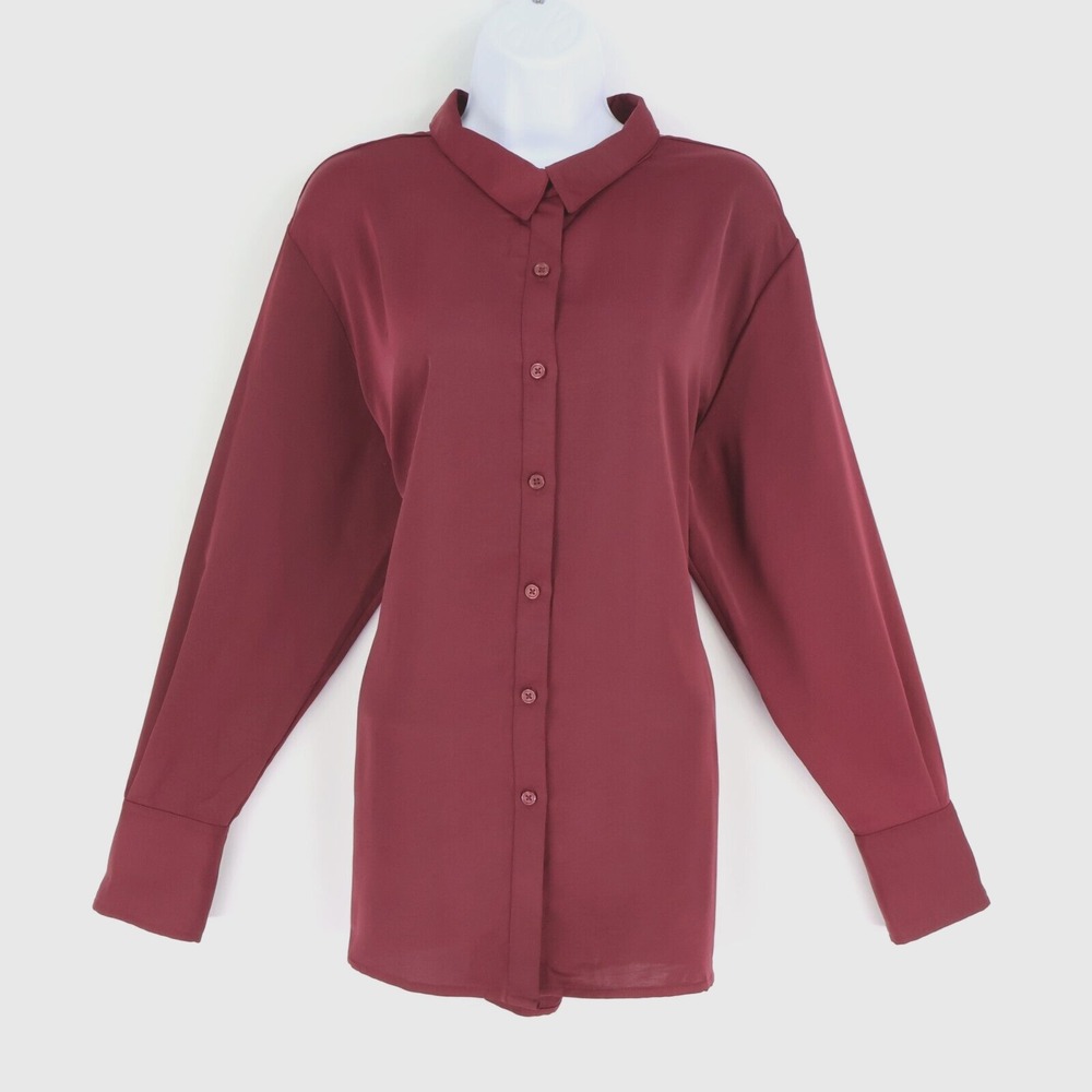 A New Day Button Up Blouse Womens Size L Shimmering Burgundy Long Sleeve Collar